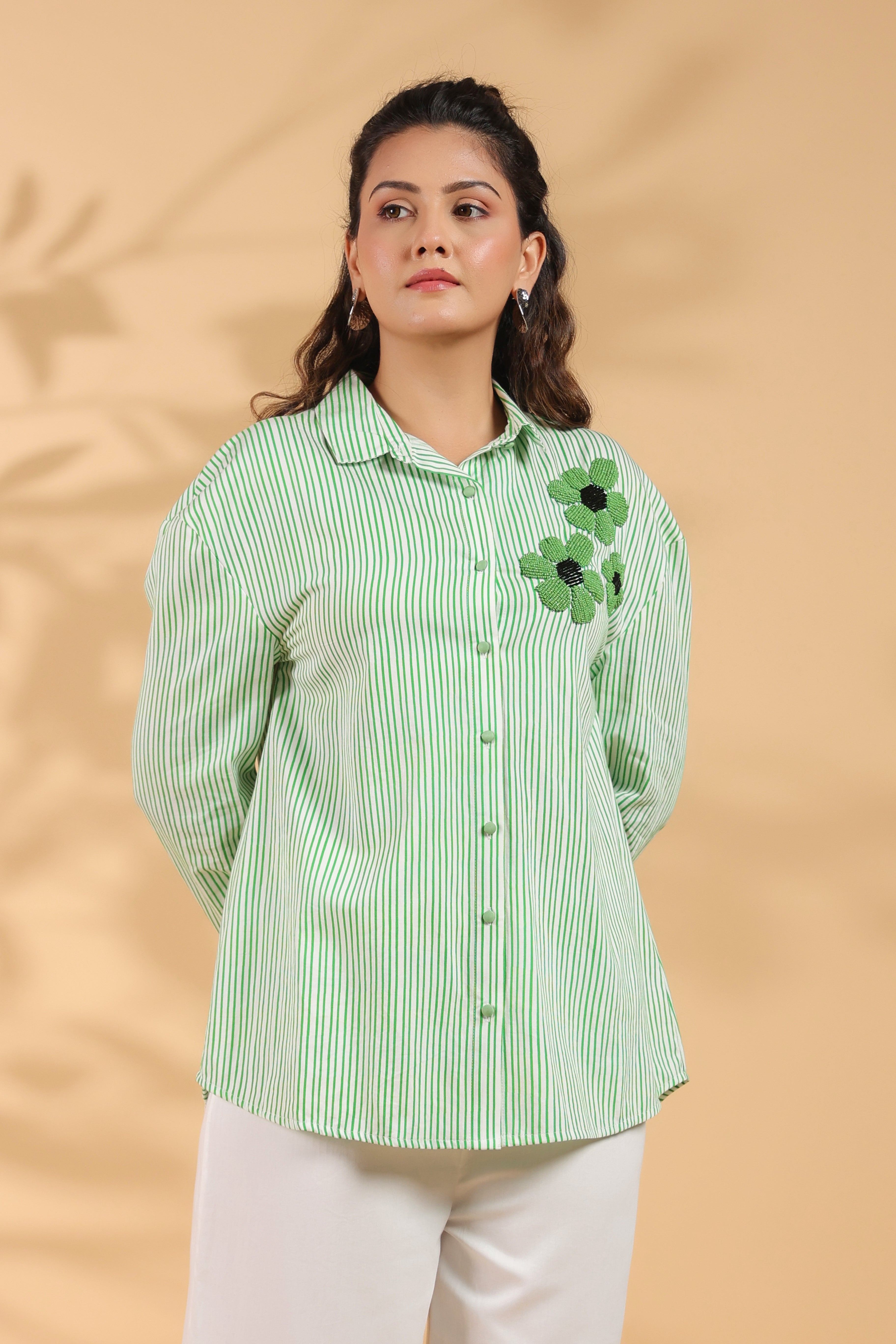 Green & White Stripe Cotton Satin Beaded flower Embroidered Shirt