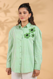 Green & White Stripe Cotton Satin Beaded flower Embroidered Shirt