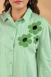 Green & White Stripe Cotton Satin Beaded flower Embroidered Shirt