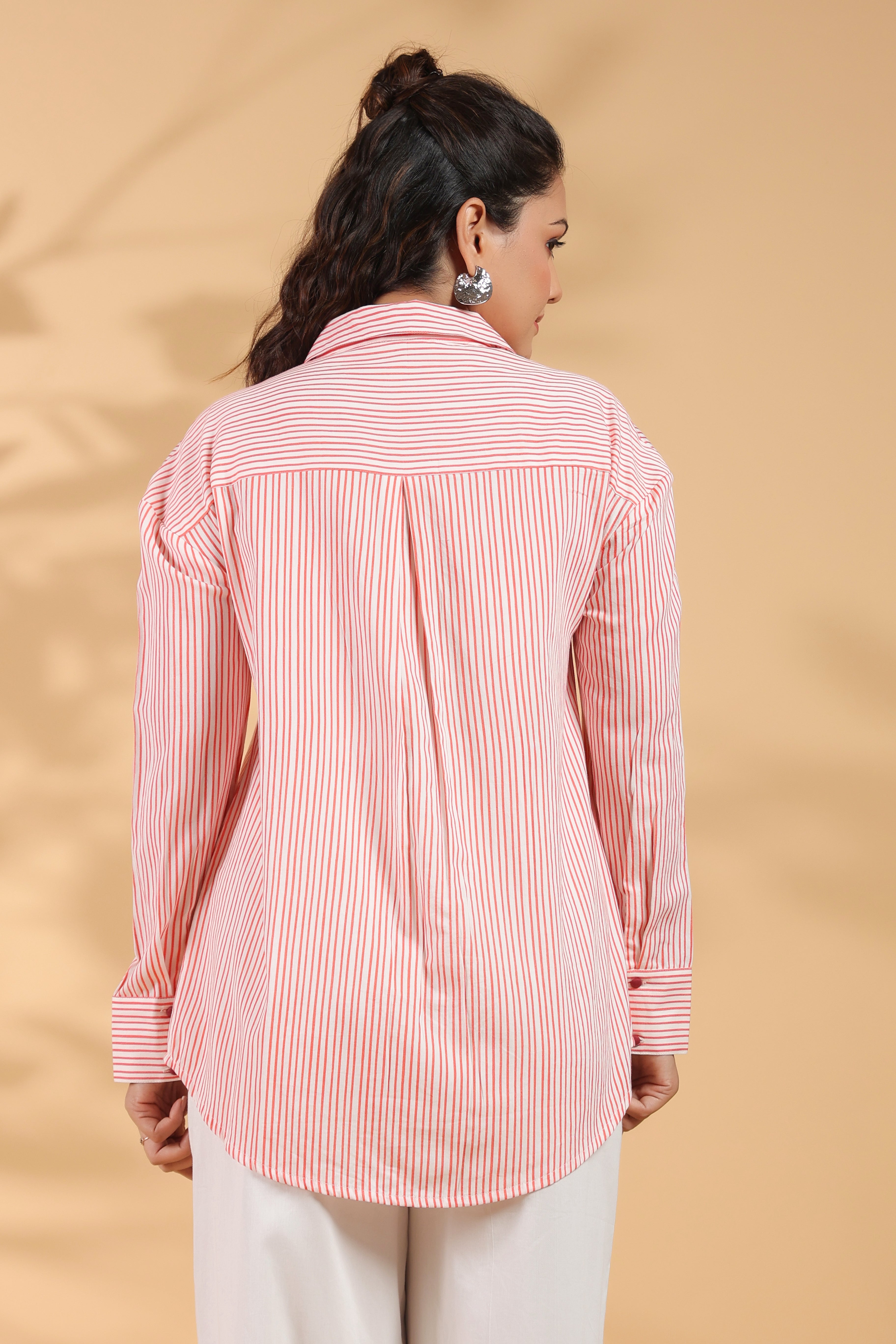 Red & White Stripe Cotton Satin Beaded flower Embroidered Shirt