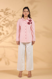 Red & White Stripe Cotton Satin Beaded flower Embroidered Shirt