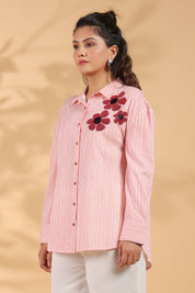 Red & White Stripe Cotton Satin Beaded flower Embroidered Shirt