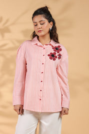 Red & White Stripe Cotton Satin Beaded flower Embroidered Shirt