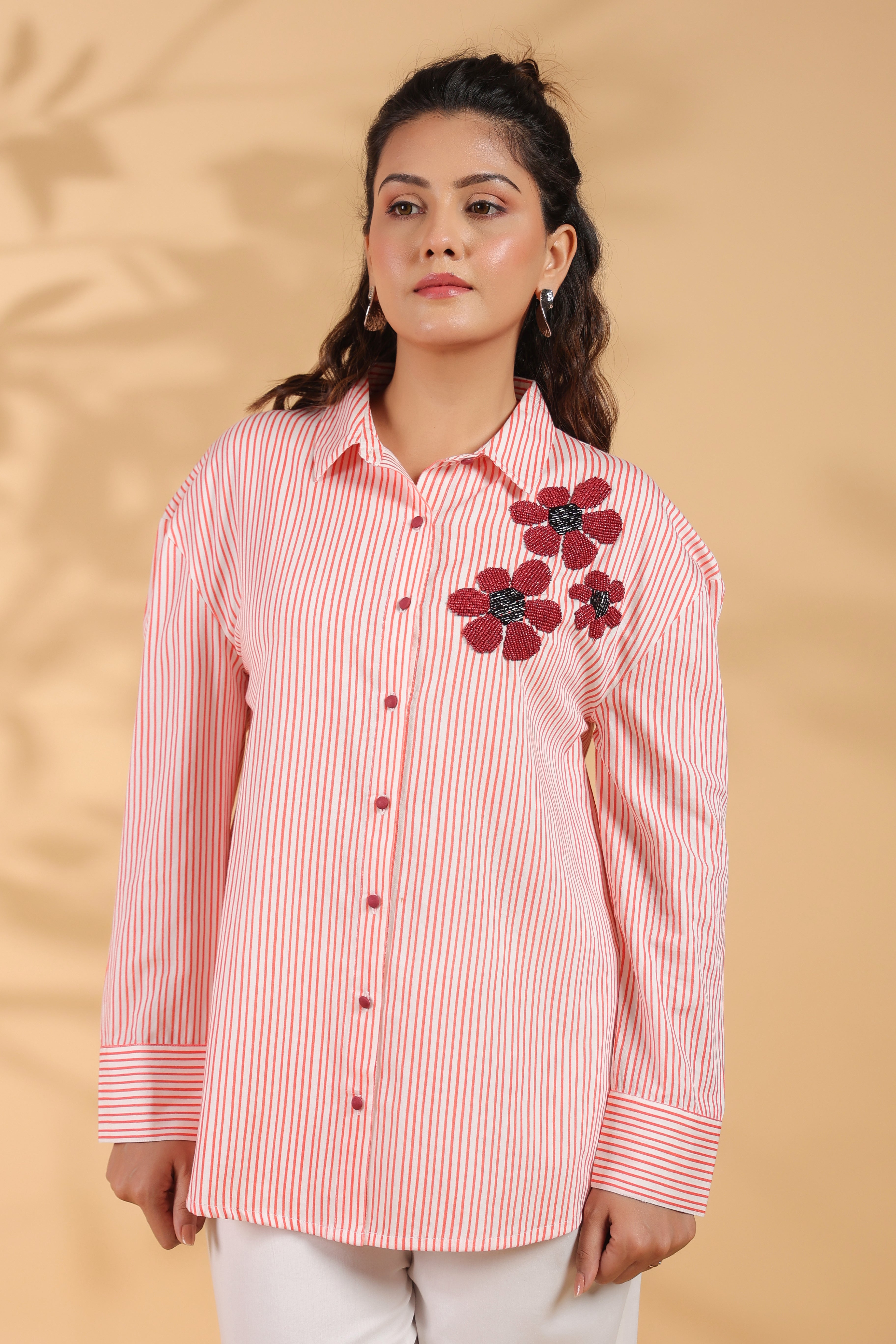 Red & White Stripe Cotton Satin Beaded flower Embroidered Shirt