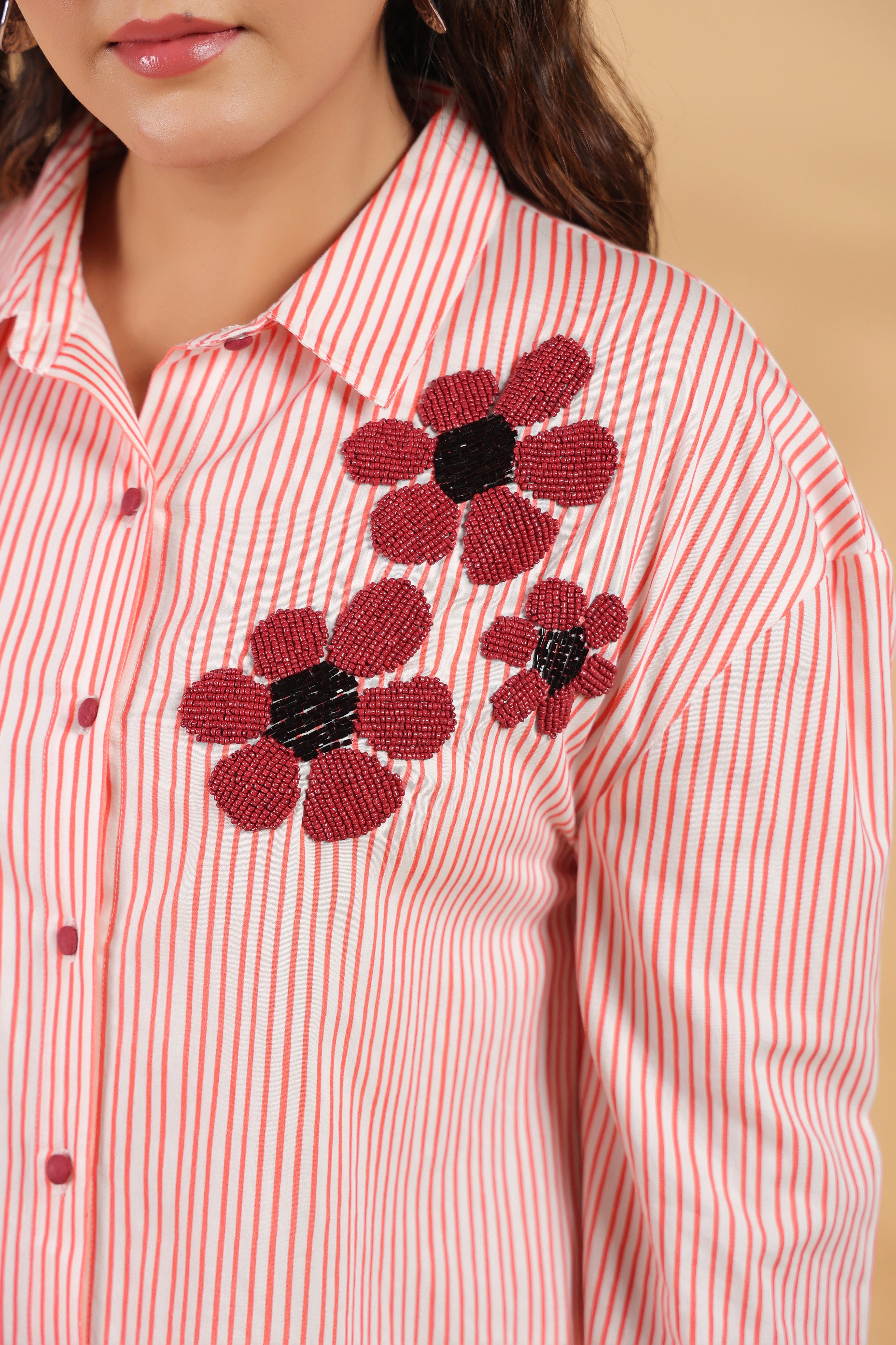 Red & White Stripe Cotton Satin Beaded flower Embroidered Shirt