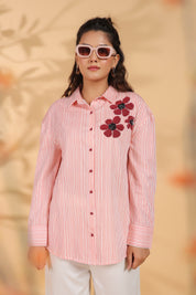 Red & White Stripe Cotton Satin Beaded flower Embroidered Shirt