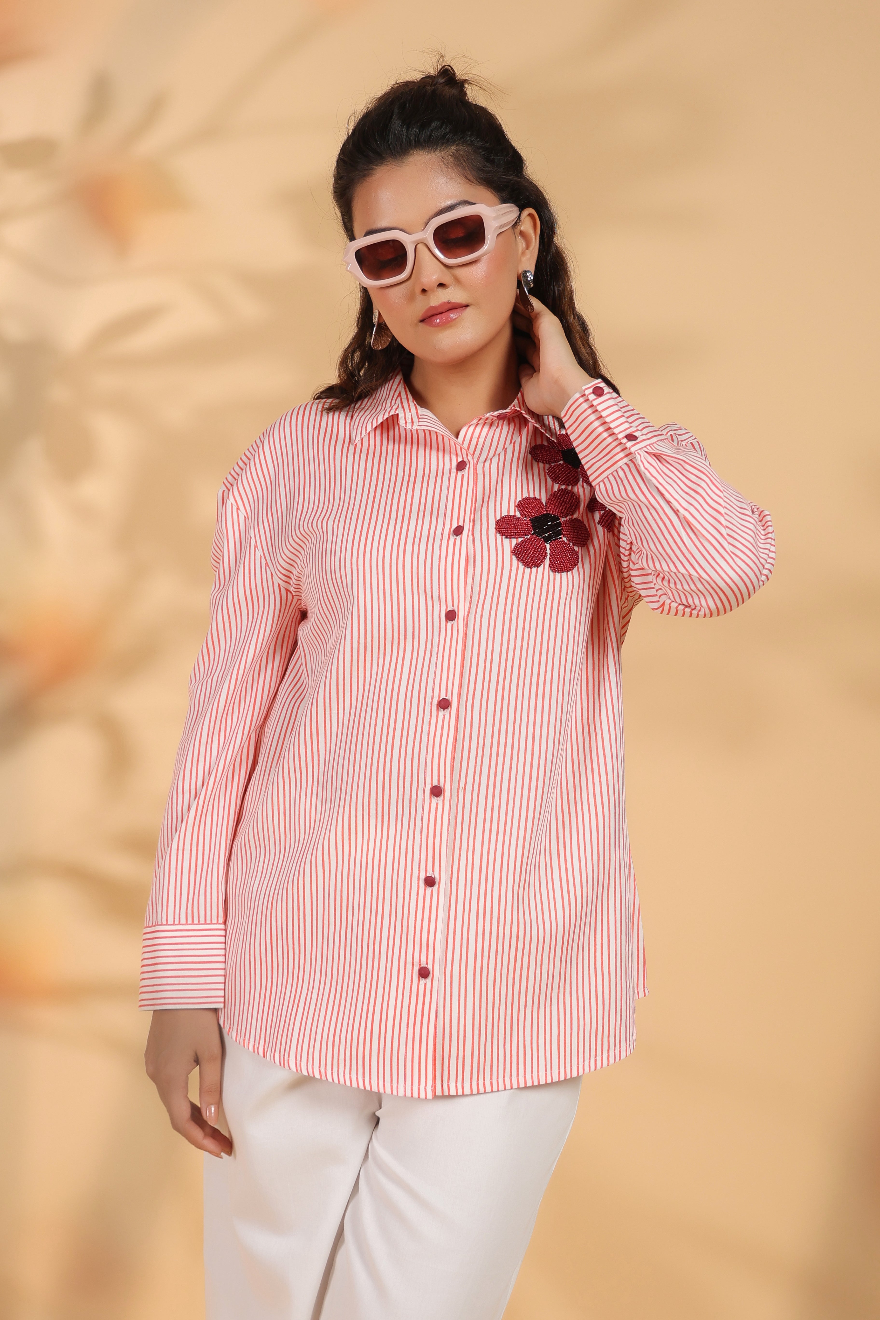 Red & White Stripe Cotton Satin Beaded flower Embroidered Shirt