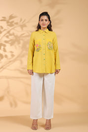 Sunflower Yellow Cotton Flex Shirt with Embroidered