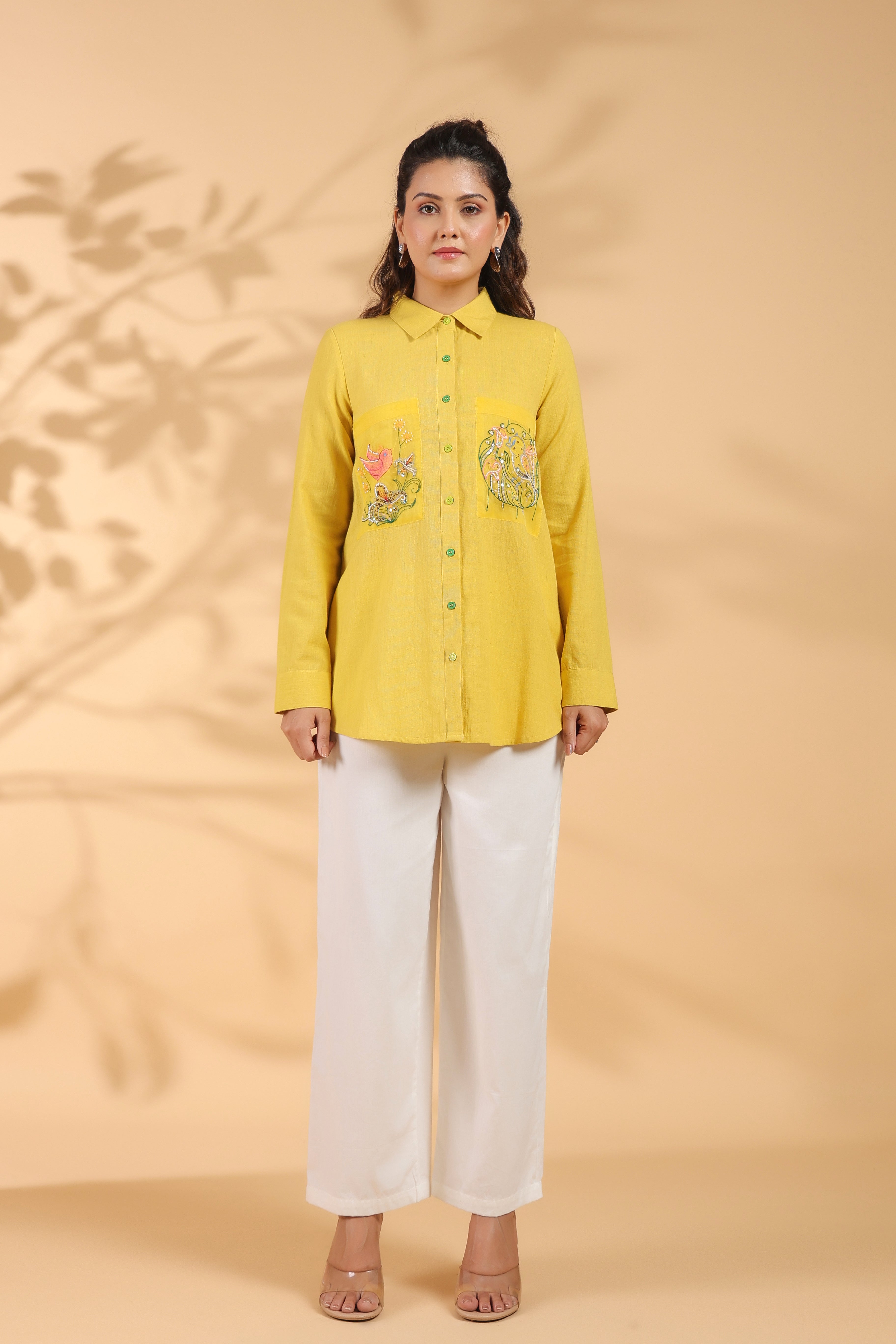 Sunflower Yellow Cotton Flex Shirt with Embroidered