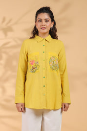 Sunflower Yellow Cotton Flex Shirt with Embroidered