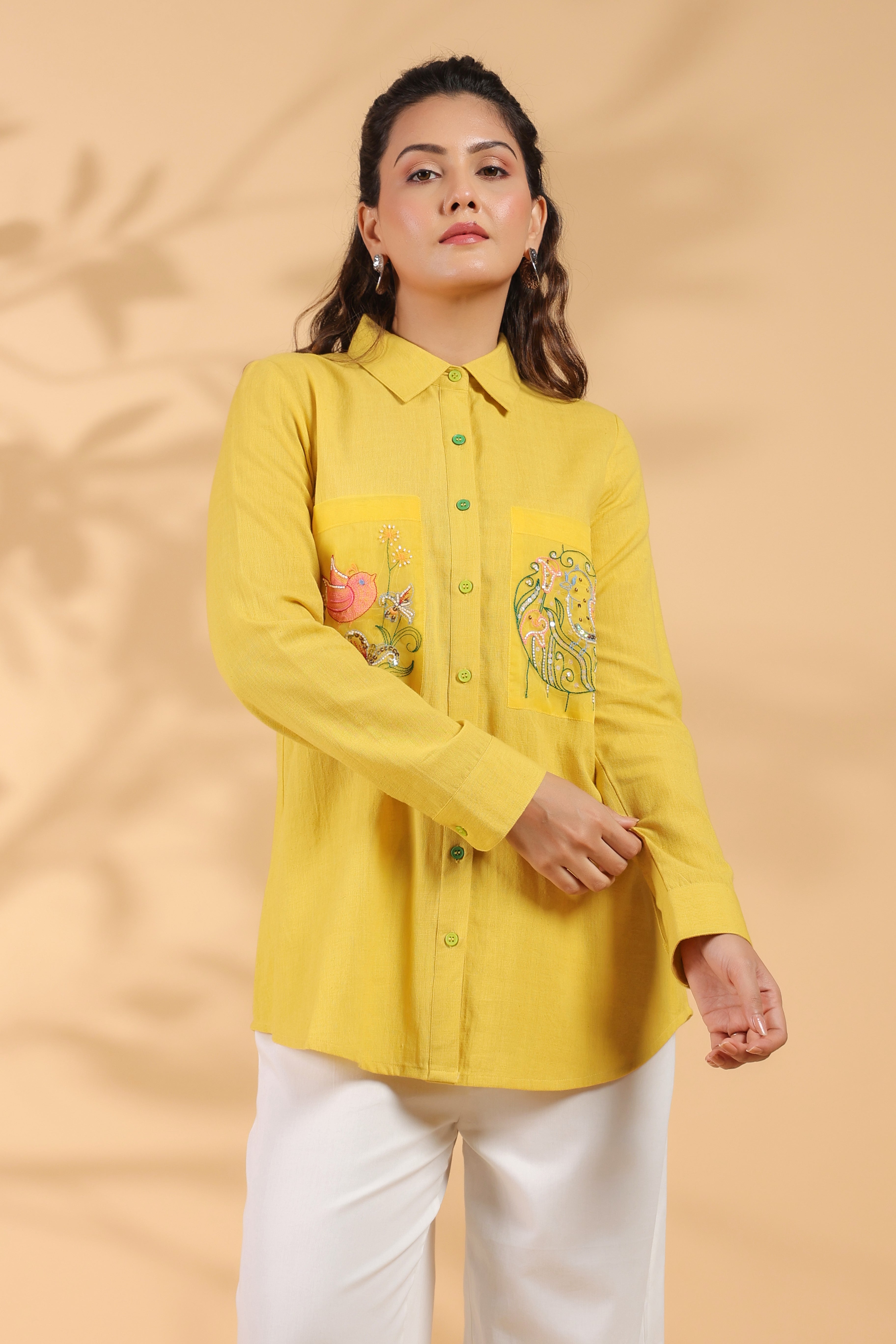 Sunflower Yellow Cotton Flex Shirt with Embroidered