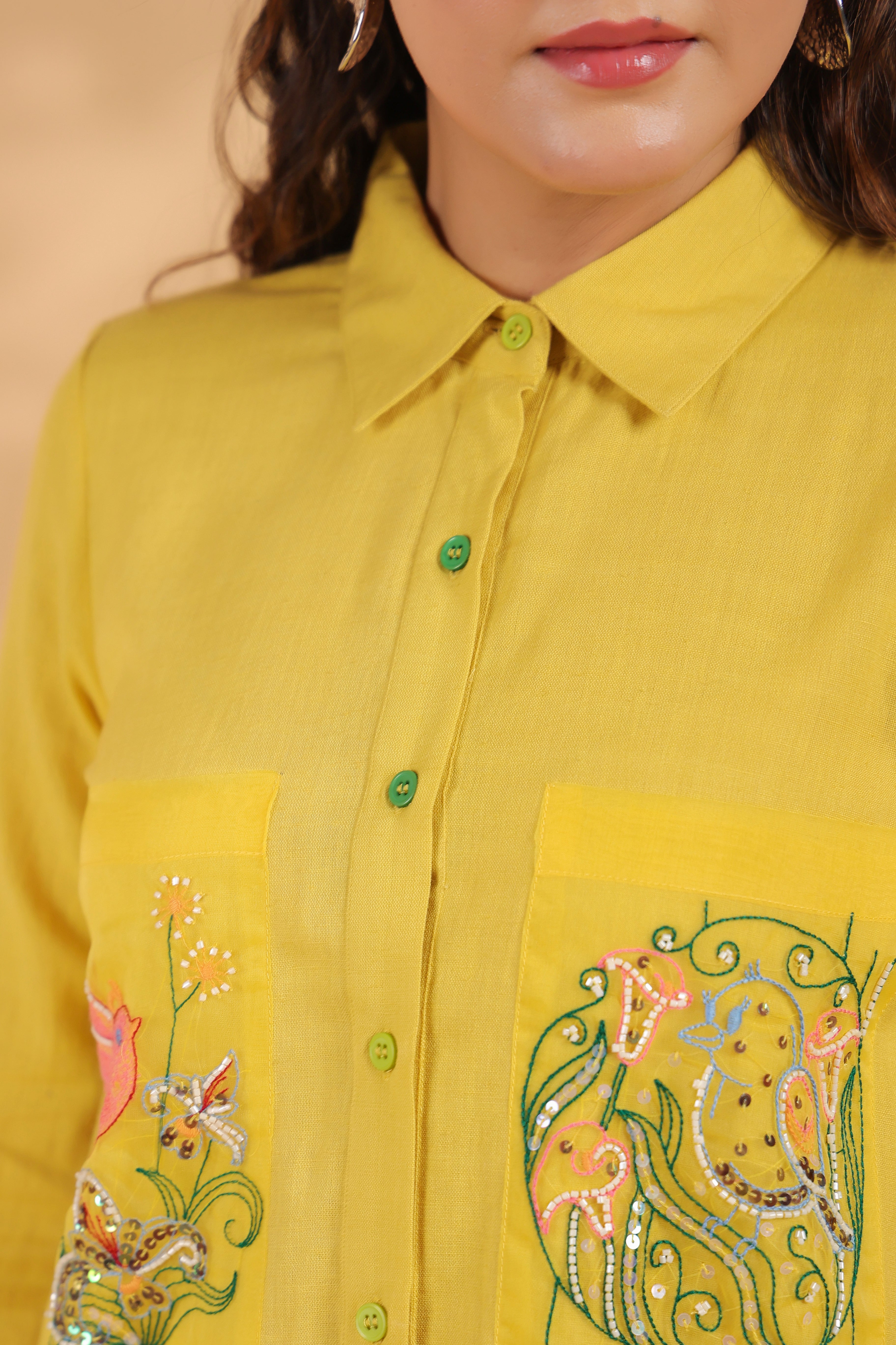 Sunflower Yellow Cotton Flex Shirt with Embroidered