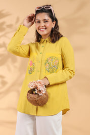 Sunflower Yellow Cotton Flex Shirt with Embroidered