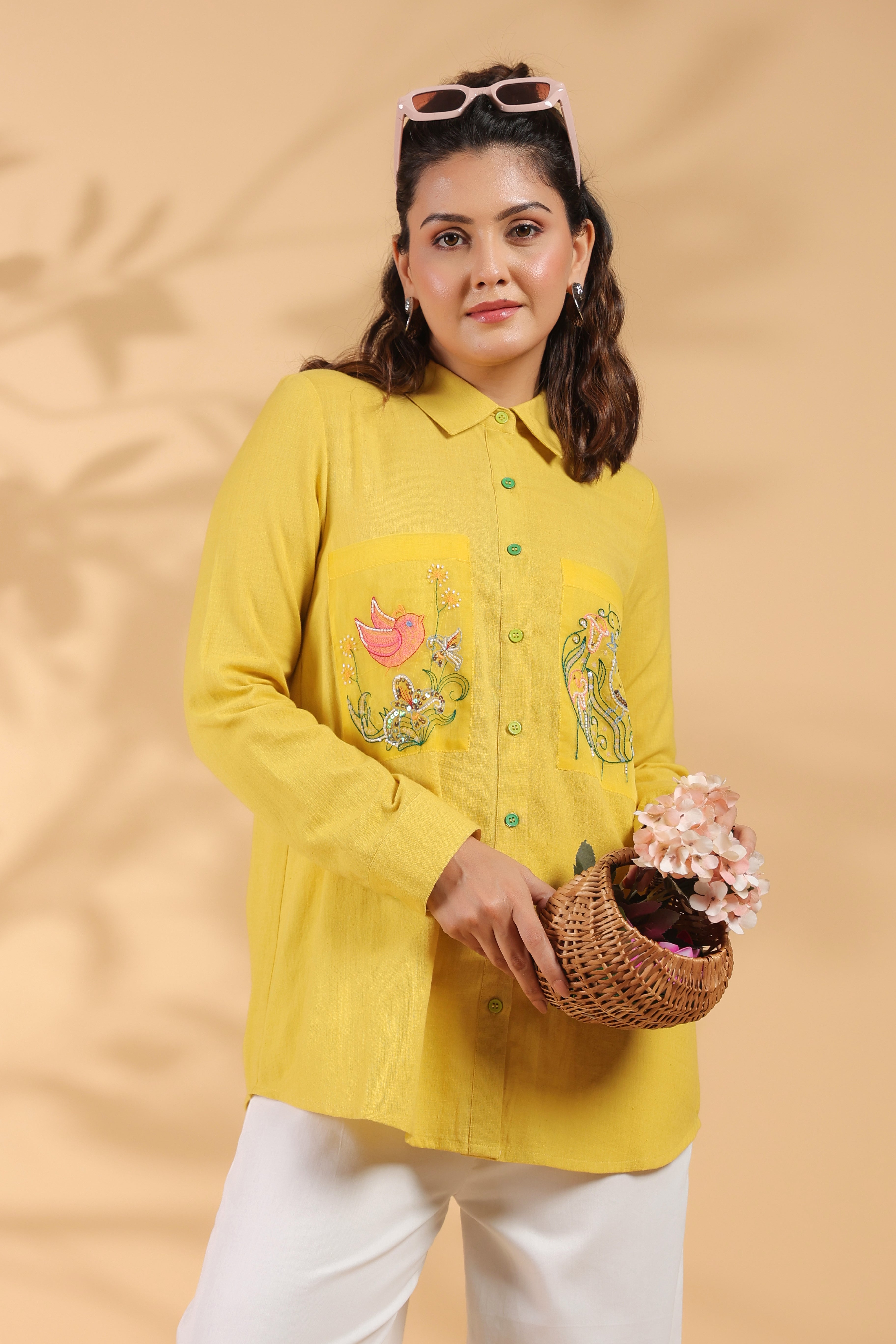 Sunflower Yellow Cotton Flex Shirt with Embroidered