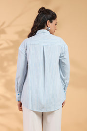 Blue & White Stripe Cotton Satin Beaded flower Embroidered Shirt