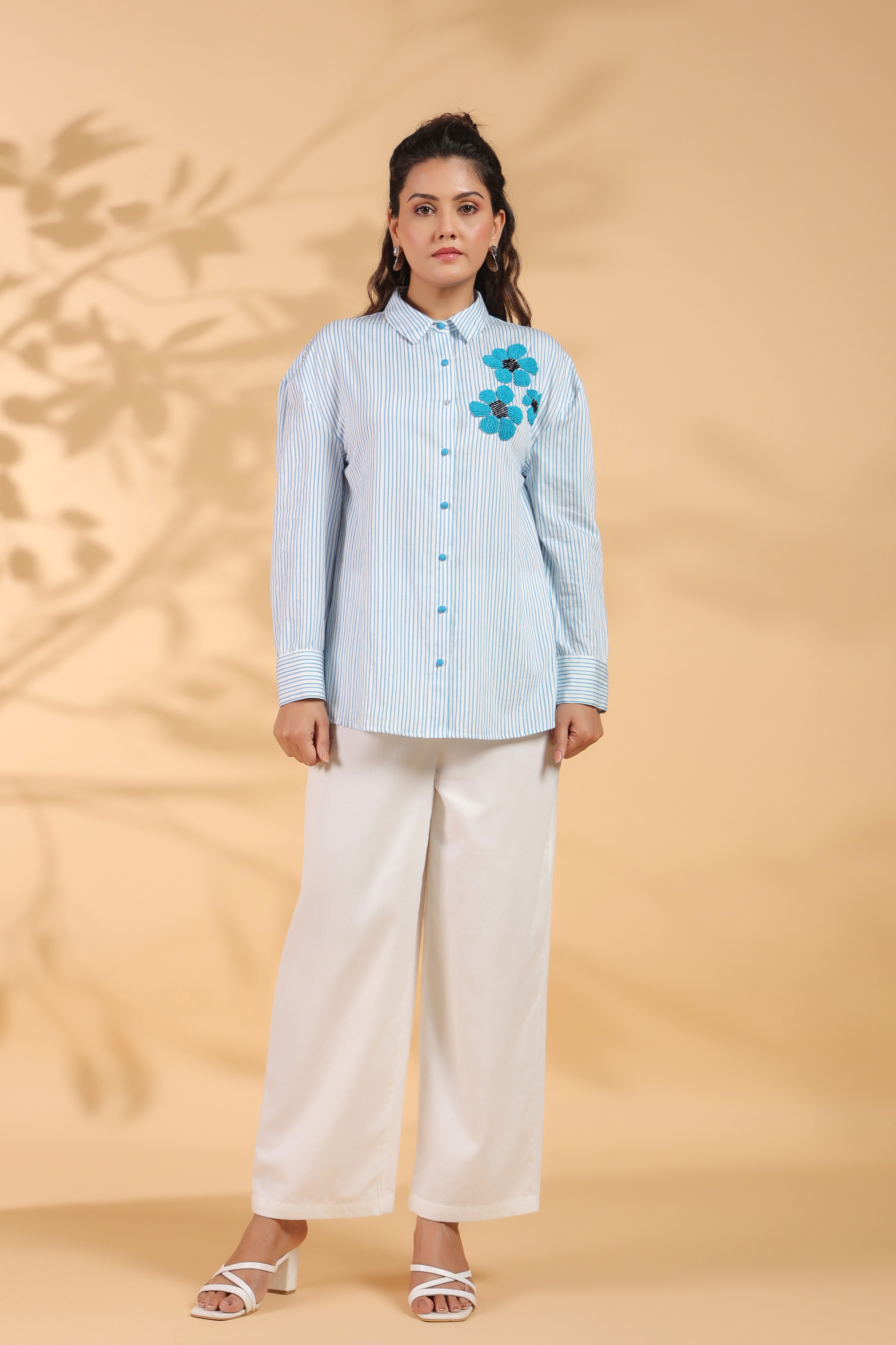 Blue & White Stripe Cotton Satin Beaded flower Embroidered Shirt