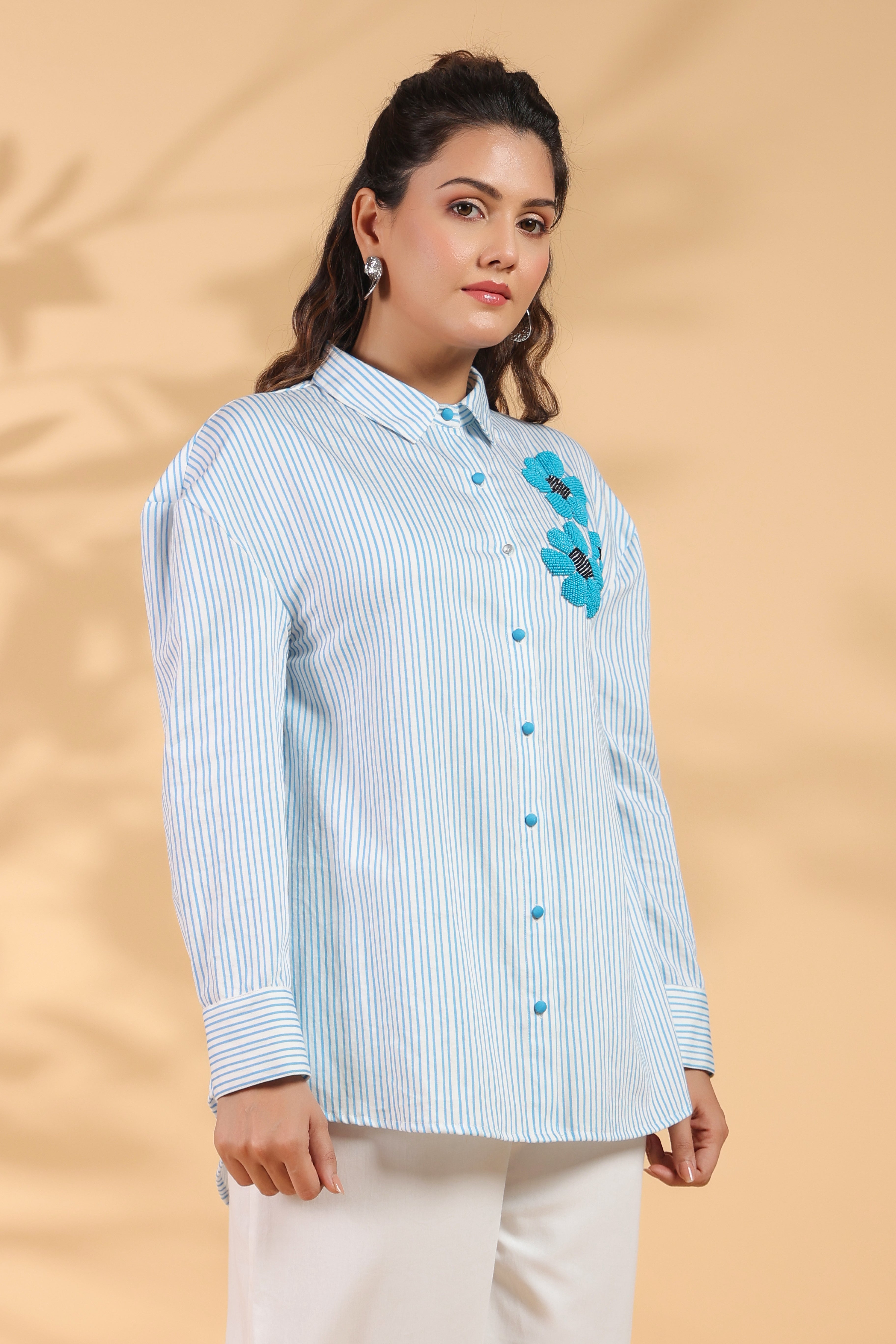 Blue & White Stripe Cotton Satin Beaded flower Embroidered Shirt