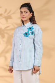 Blue & White Stripe Cotton Satin Beaded flower Embroidered Shirt