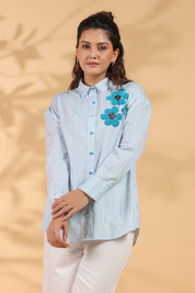 Blue & White Stripe Cotton Satin Beaded flower Embroidered Shirt