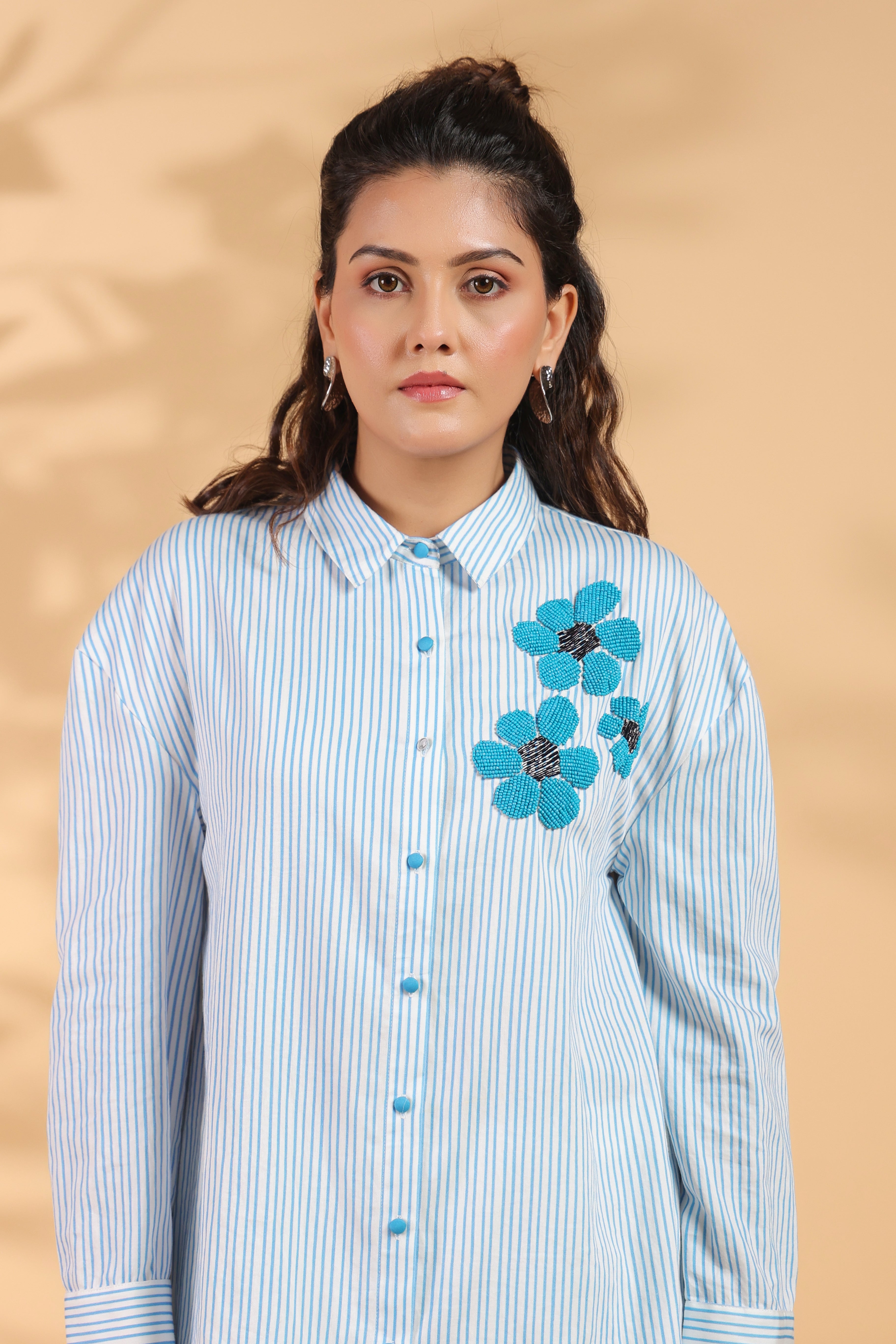 Blue & White Stripe Cotton Satin Beaded flower Embroidered Shirt