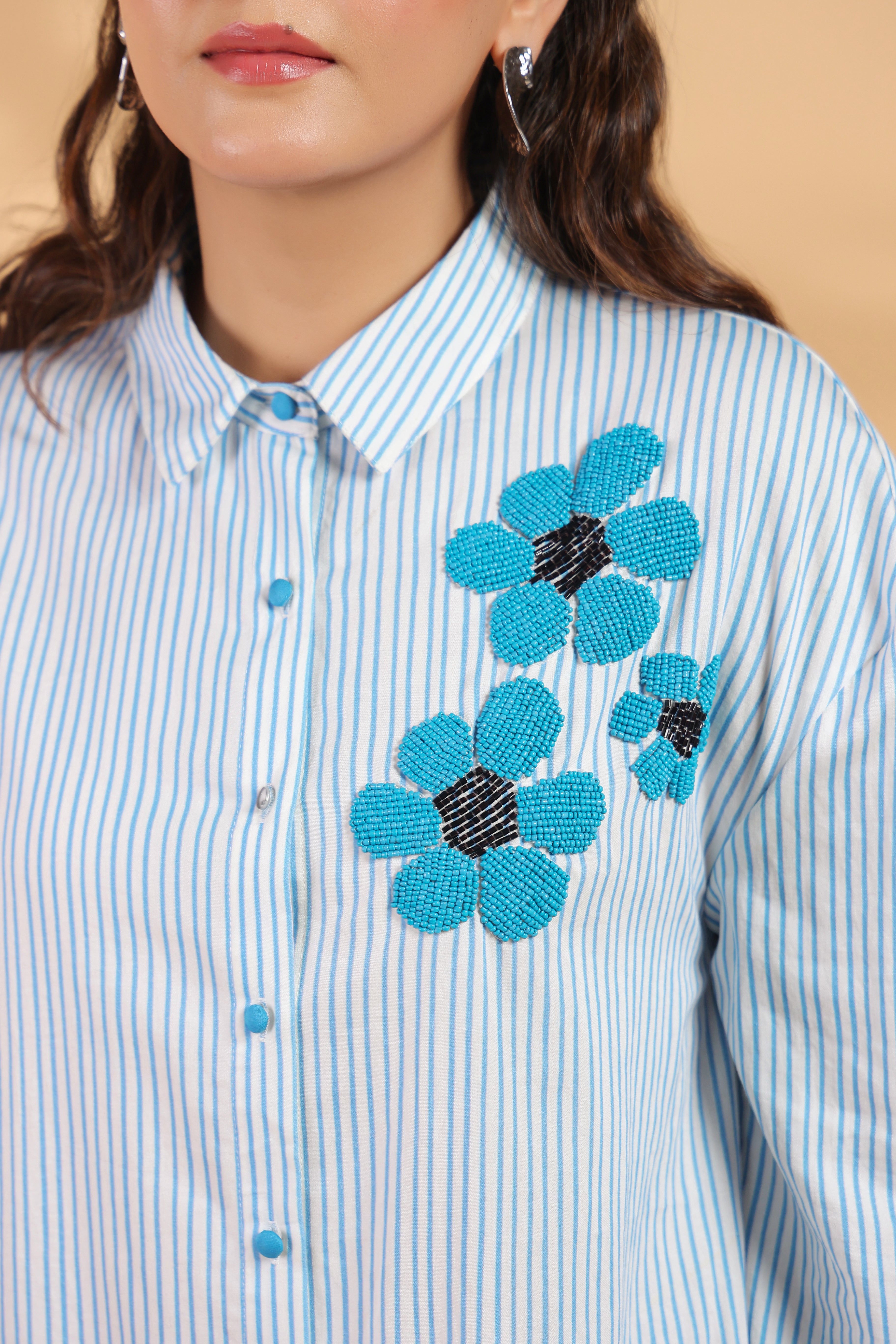 Blue & White Stripe Cotton Satin Beaded flower Embroidered Shirt