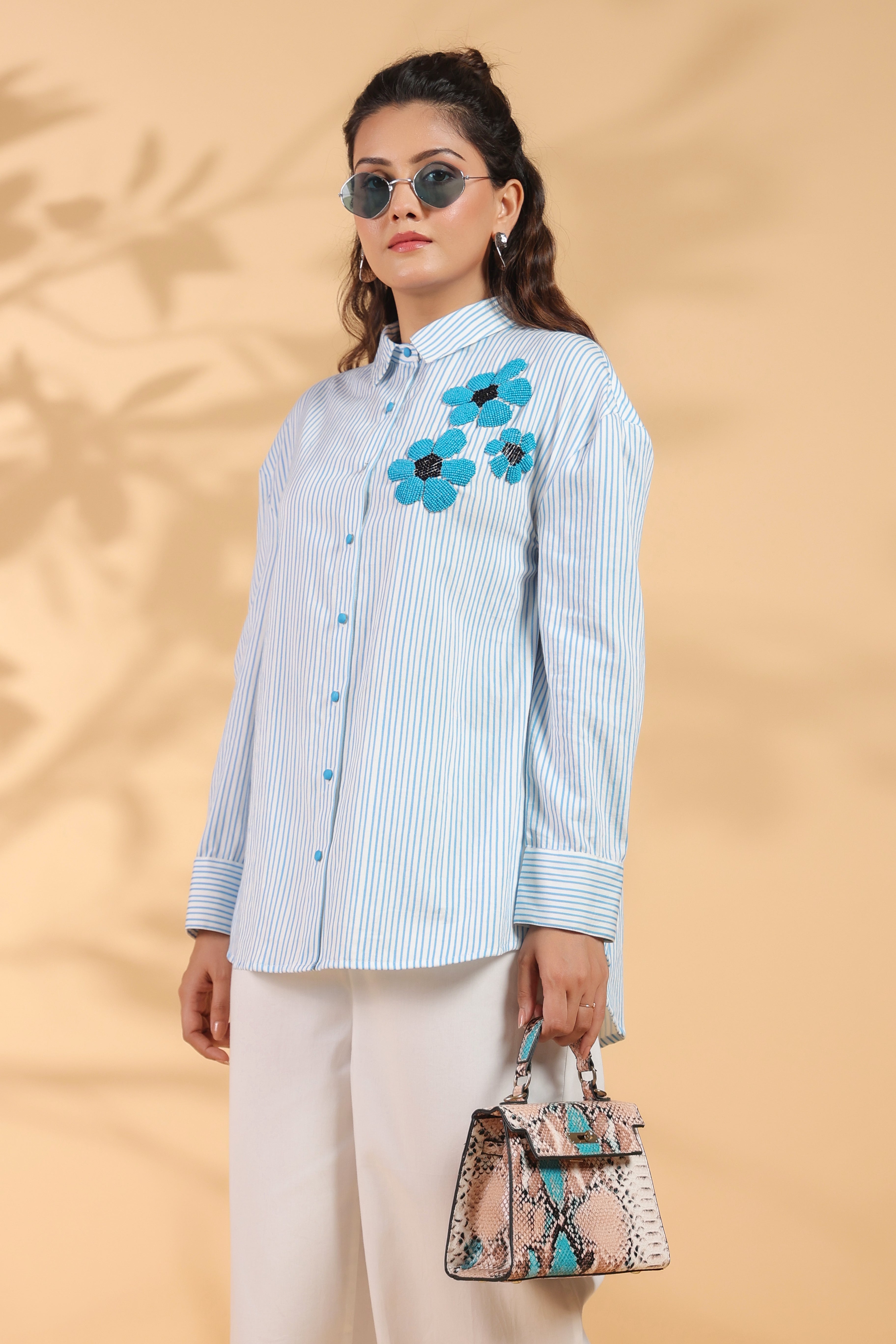 Blue & White Stripe Cotton Satin Beaded flower Embroidered Shirt