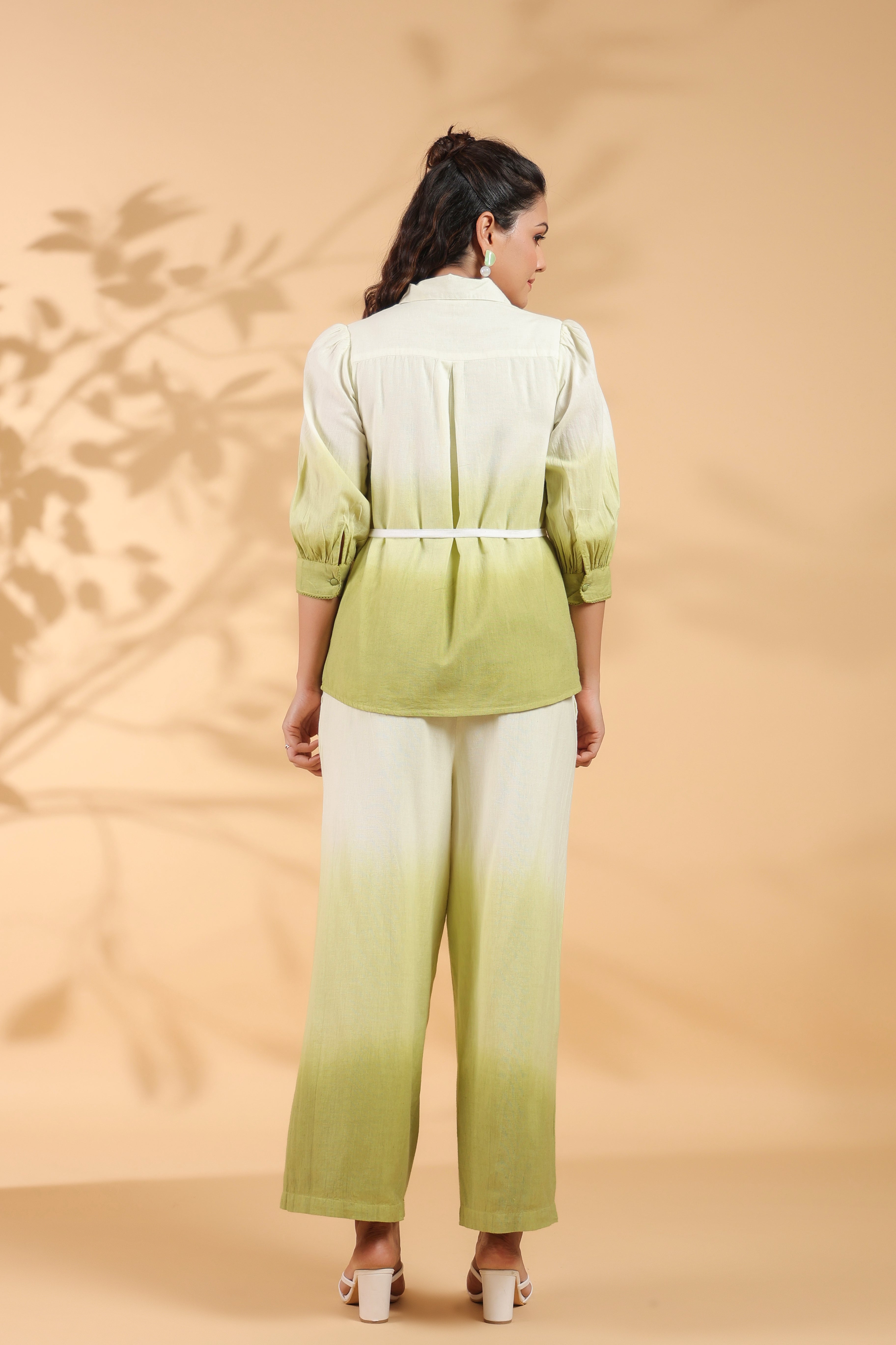 White and Sage Green Applique Flower Embroidered  Cotton Flex Co-ord Set