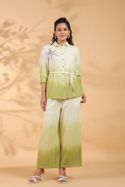 White and Sage Green Applique Flower Embroidered  Cotton Flex Co-ord Set