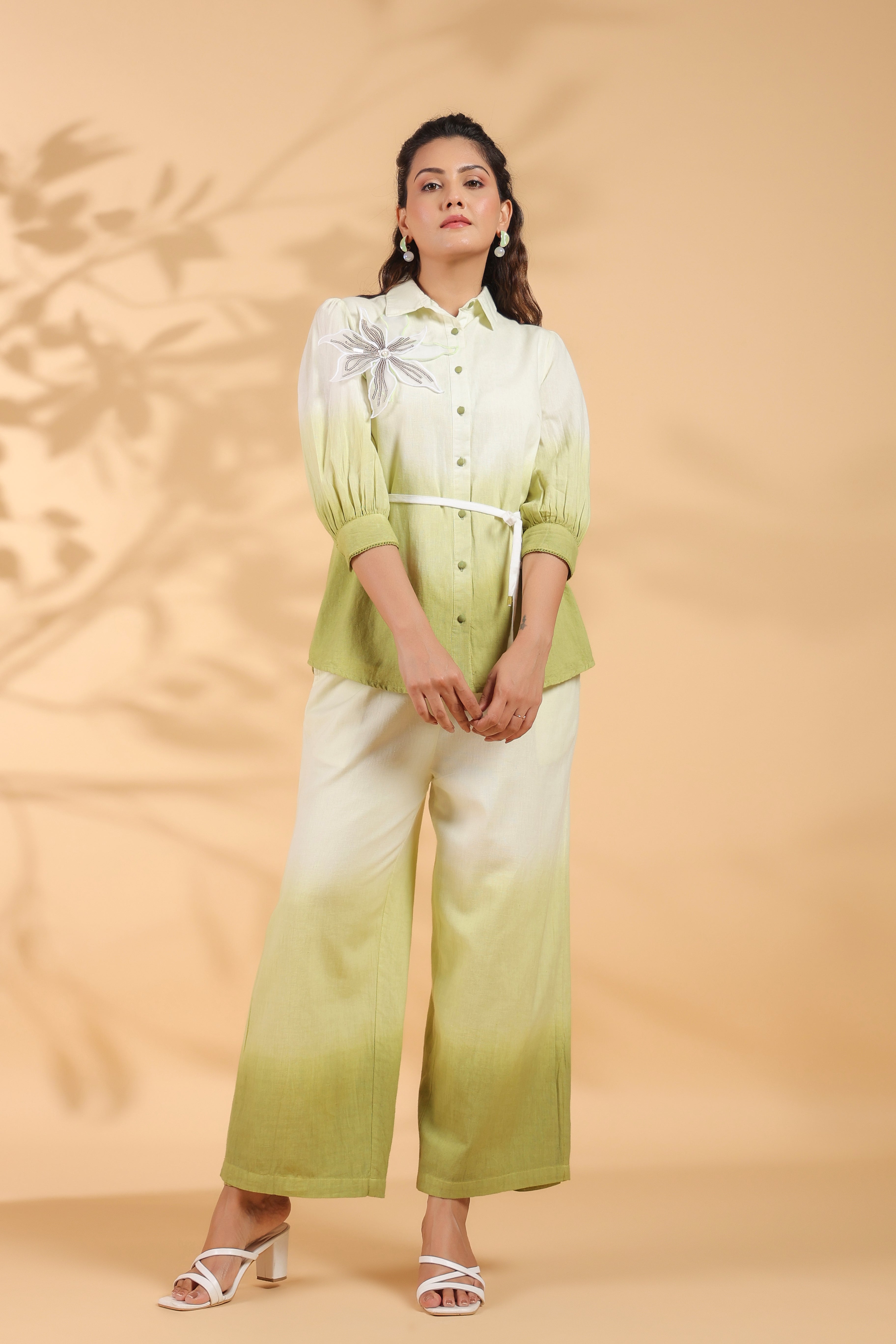 White and Sage Green Applique Flower Embroidered  Cotton Flex Co-ord Set