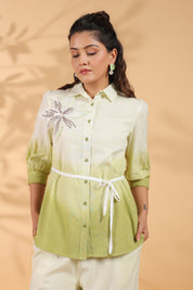 White and Sage Green Applique Flower Embroidered  Cotton Flex Co-ord Set