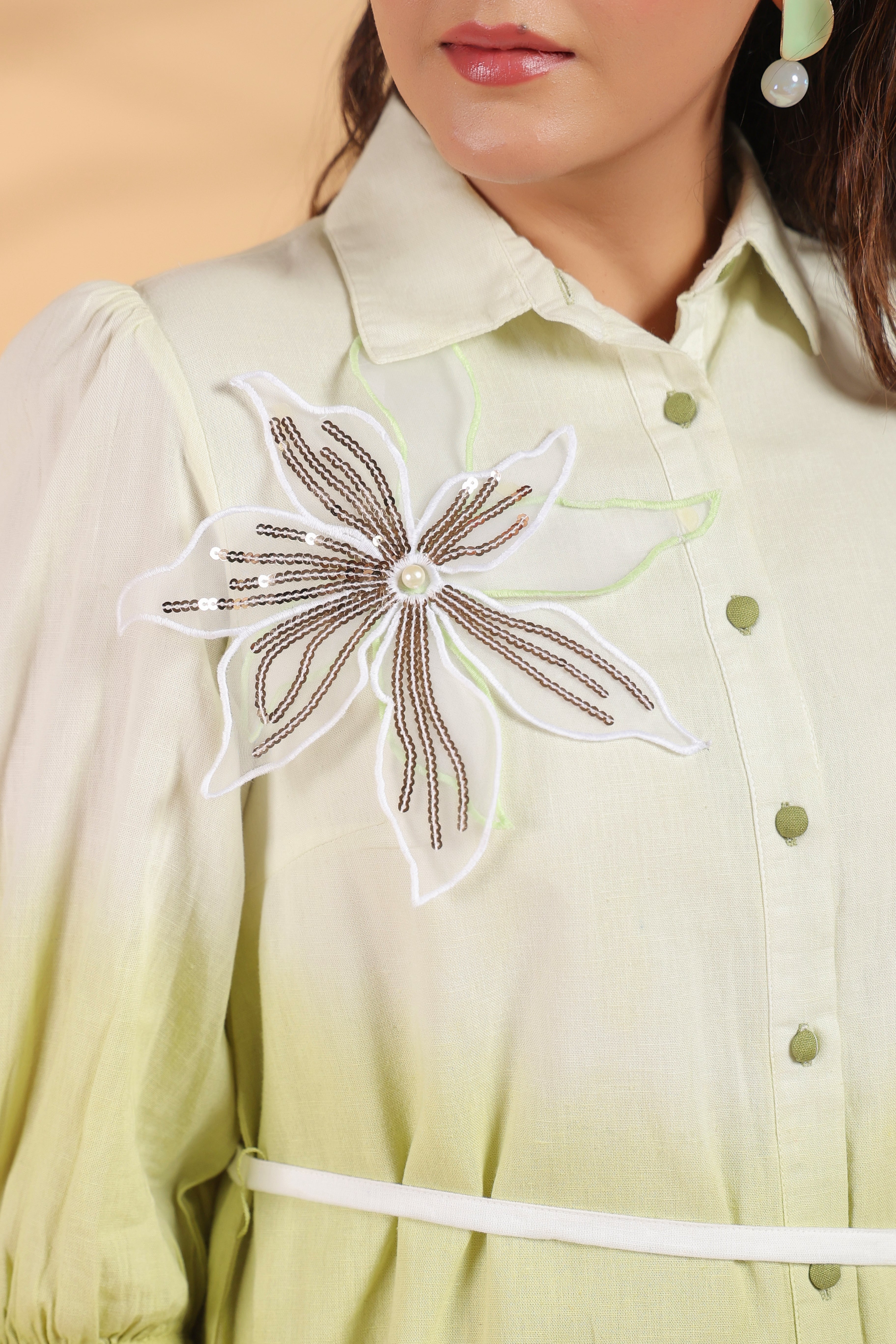 White and Sage Green Applique Flower Embroidered  Cotton Flex Co-ord Set