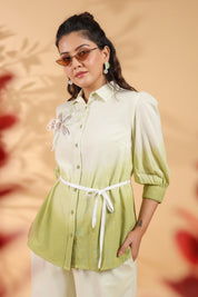 White and Sage Green Applique Flower Embroidered  Cotton Flex Co-ord Set