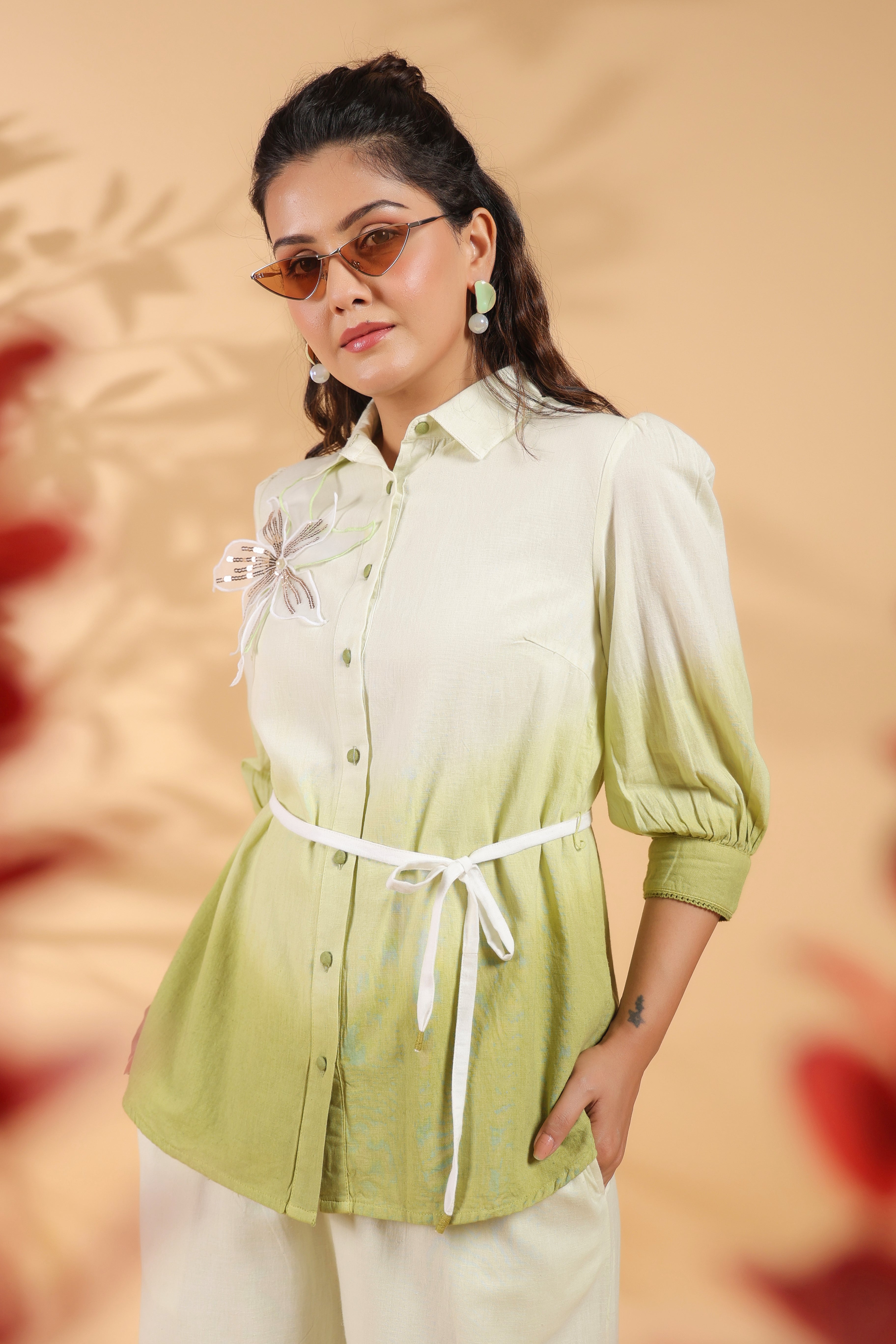 White and Sage Green Applique Flower Embroidered  Cotton Flex Co-ord Set