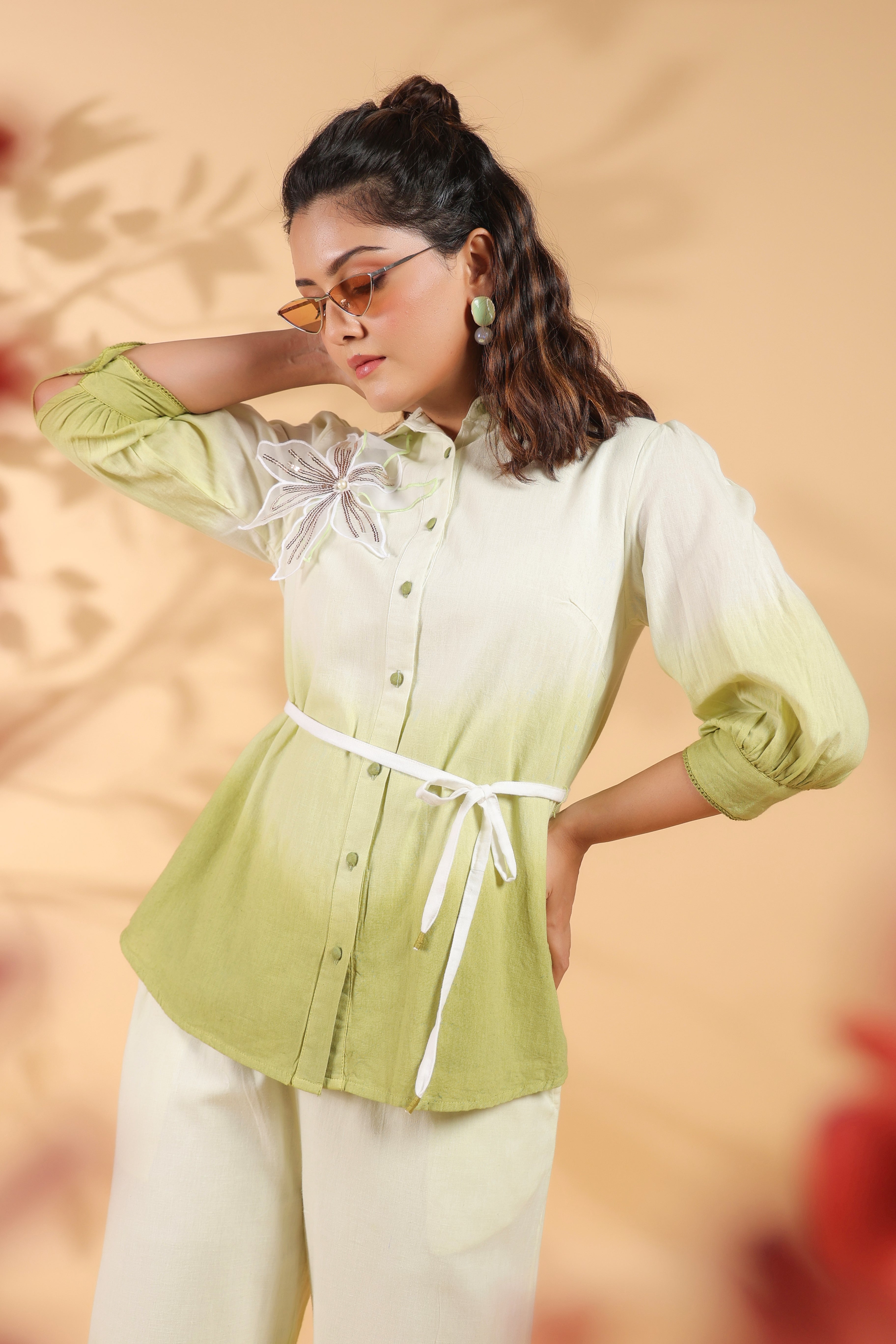 White and Sage Green Applique Flower Embroidered  Cotton Flex Co-ord Set