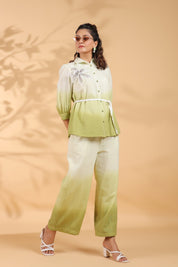 White and Sage Green Applique Flower Embroidered  Cotton Flex Co-ord Set