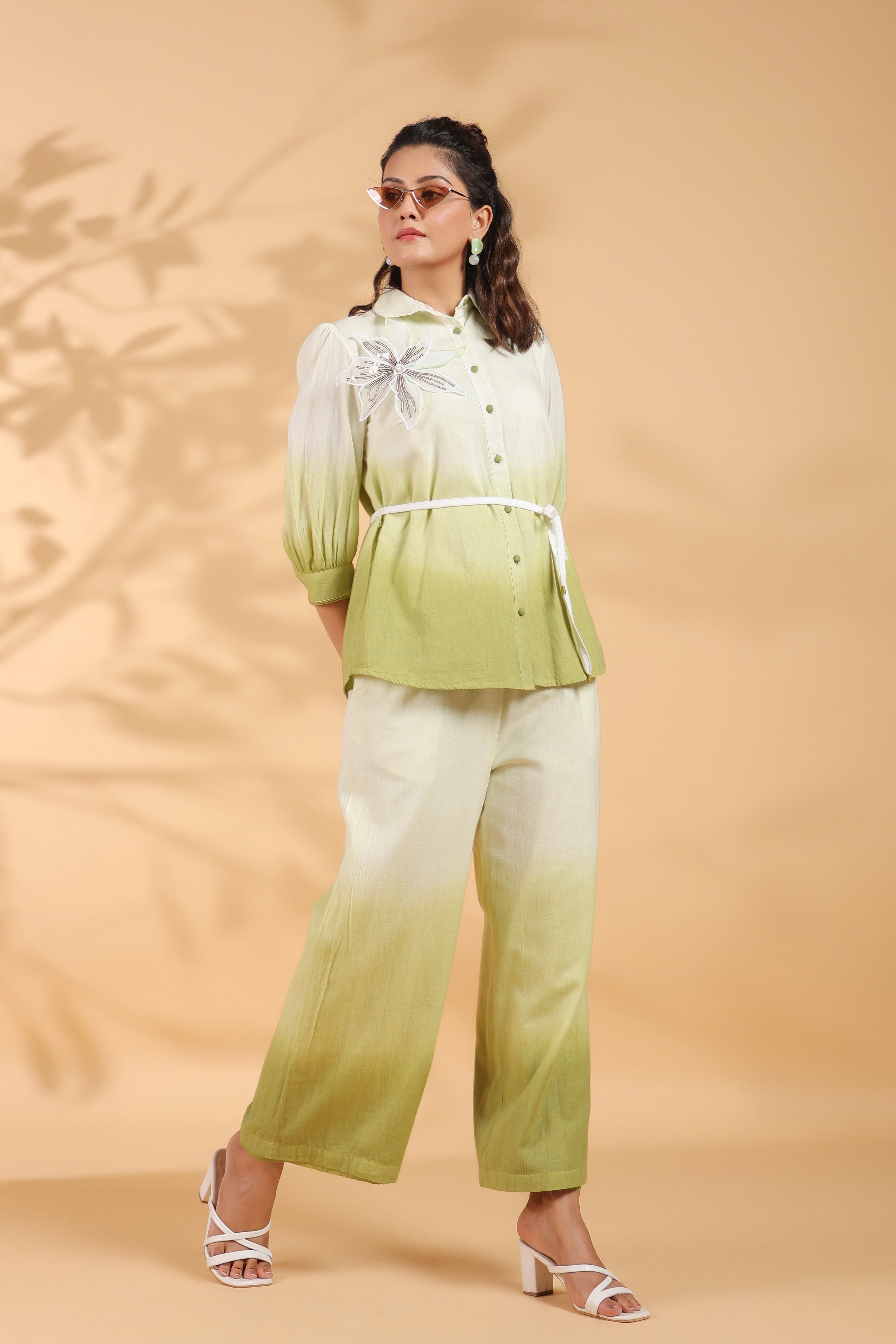 White and Sage Green Applique Flower Embroidered  Cotton Flex Co-ord Set