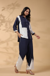 Navy Blue And White Motif Sequence Rayon Flex Co-ord Set