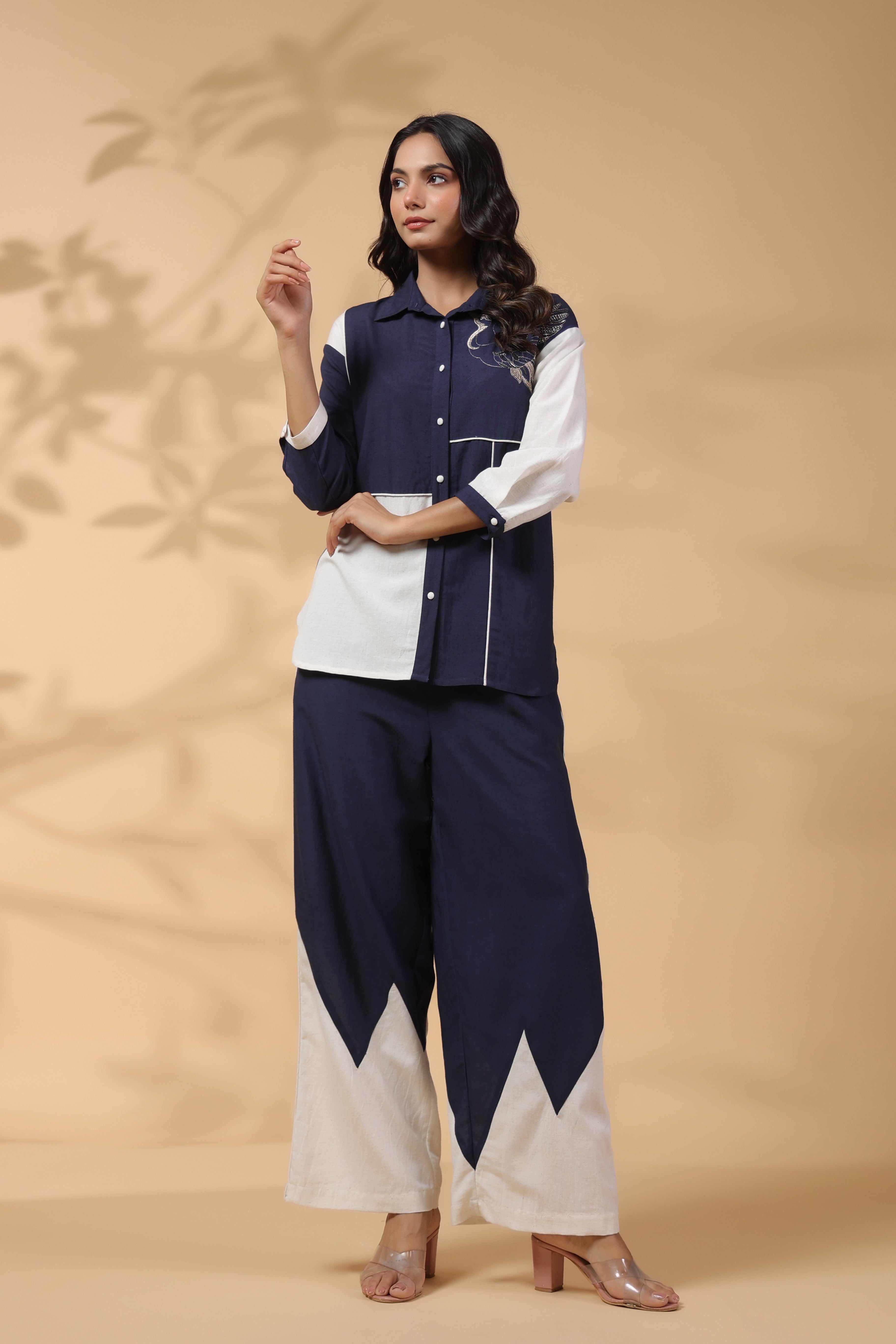 Navy Blue And White Motif Sequence Rayon Flex Co-ord Set