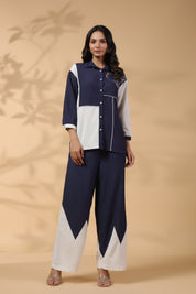 Navy Blue And White Motif Sequence Rayon Flex Co-ord Set