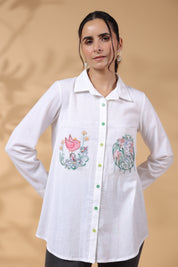 White Cotton Flex Shirt with Embroidered