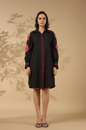 Black Cotton Flex Embroidered Mini Shirt Dress