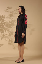 Black Cotton Flex Embroidered Mini Shirt Dress