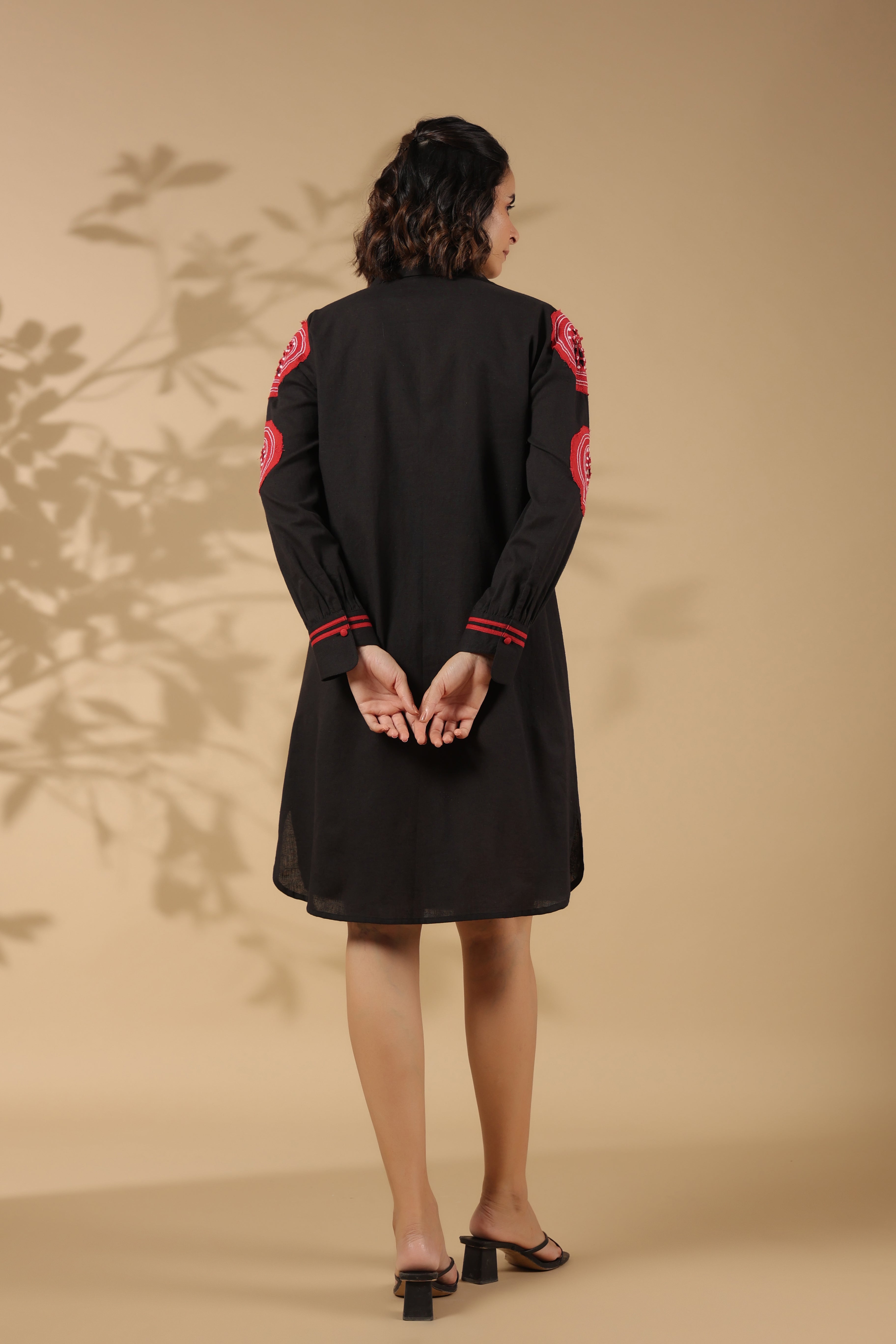 Black Cotton Flex Embroidered Mini Shirt Dress