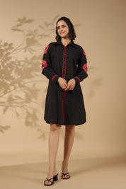 Black Cotton Flex Embroidered Mini Shirt Dress