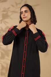 Black Cotton Flex Embroidered Mini Shirt Dress