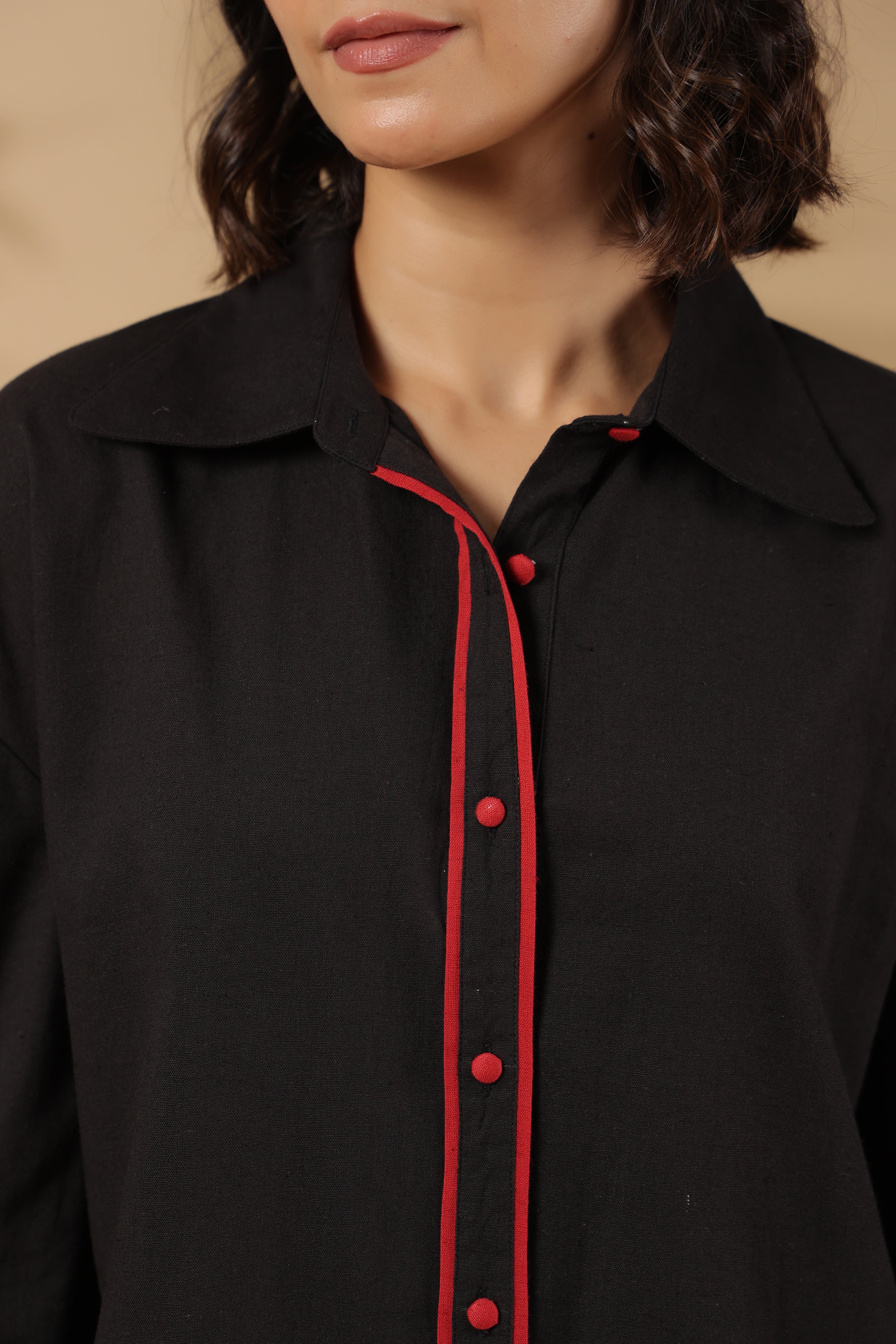 Black Cotton Flex Embroidered Mini Shirt Dress