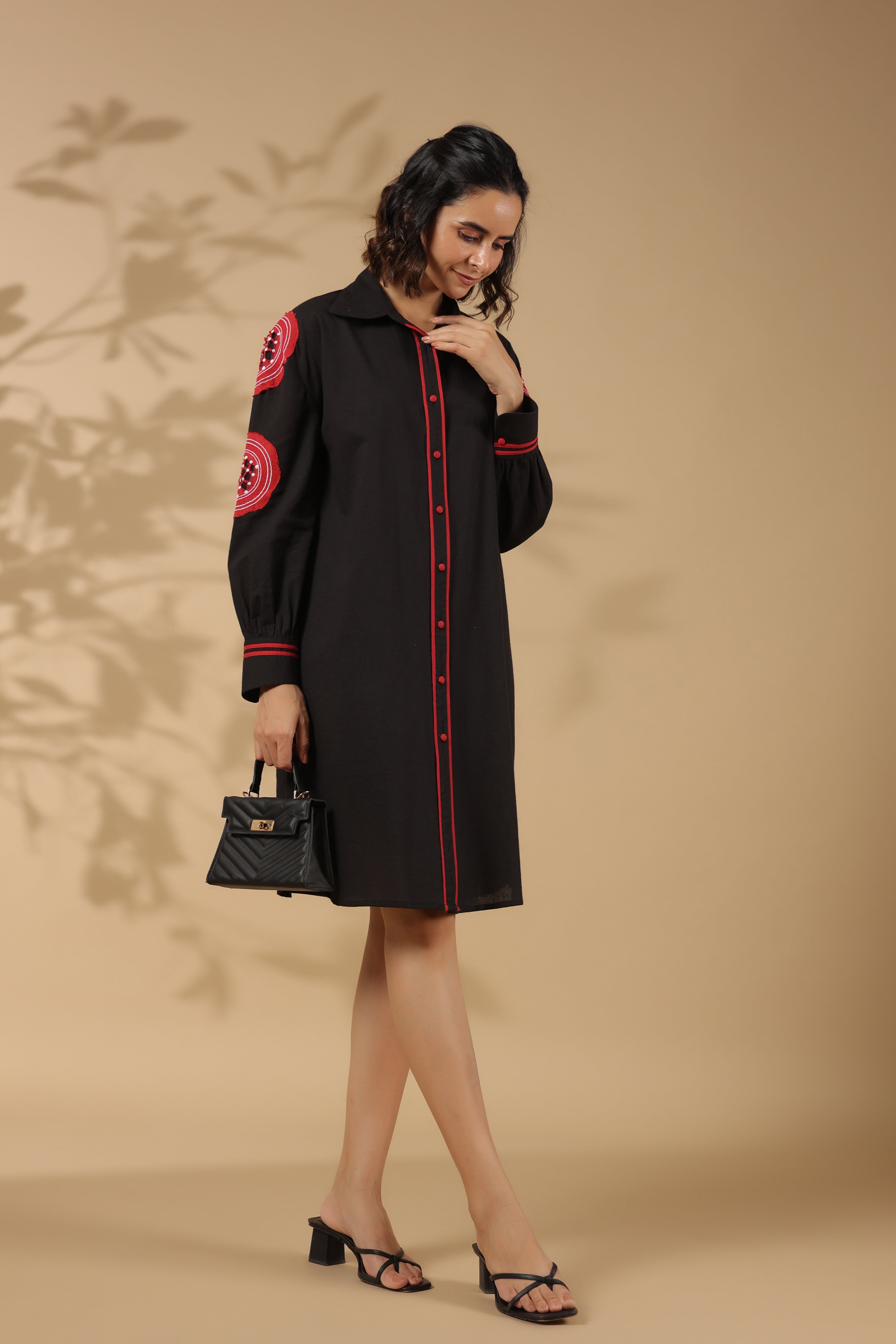 Black Cotton Flex Embroidered Mini Shirt Dress