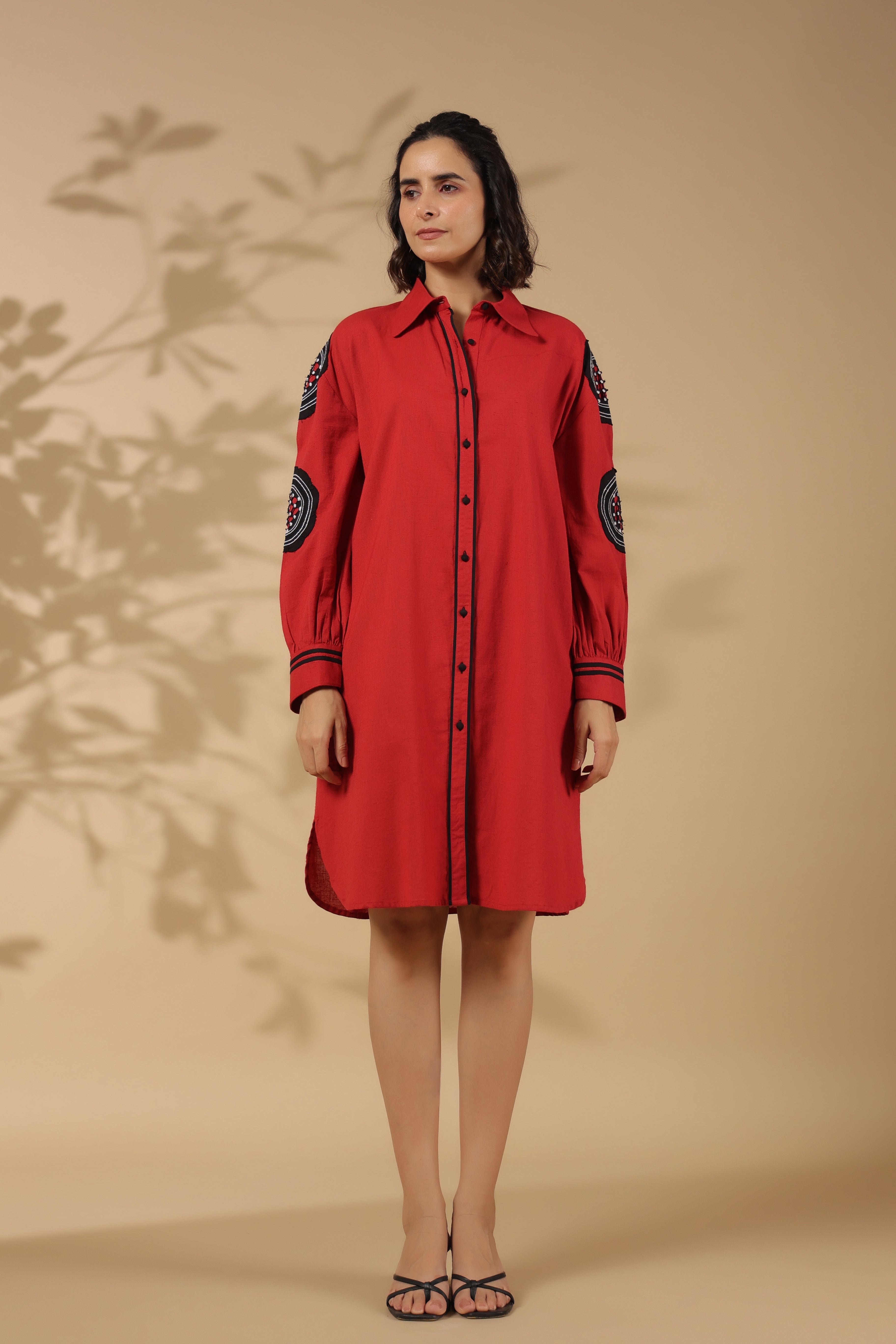 Red Cotton Flex Embroidered Mini Shirt Dress