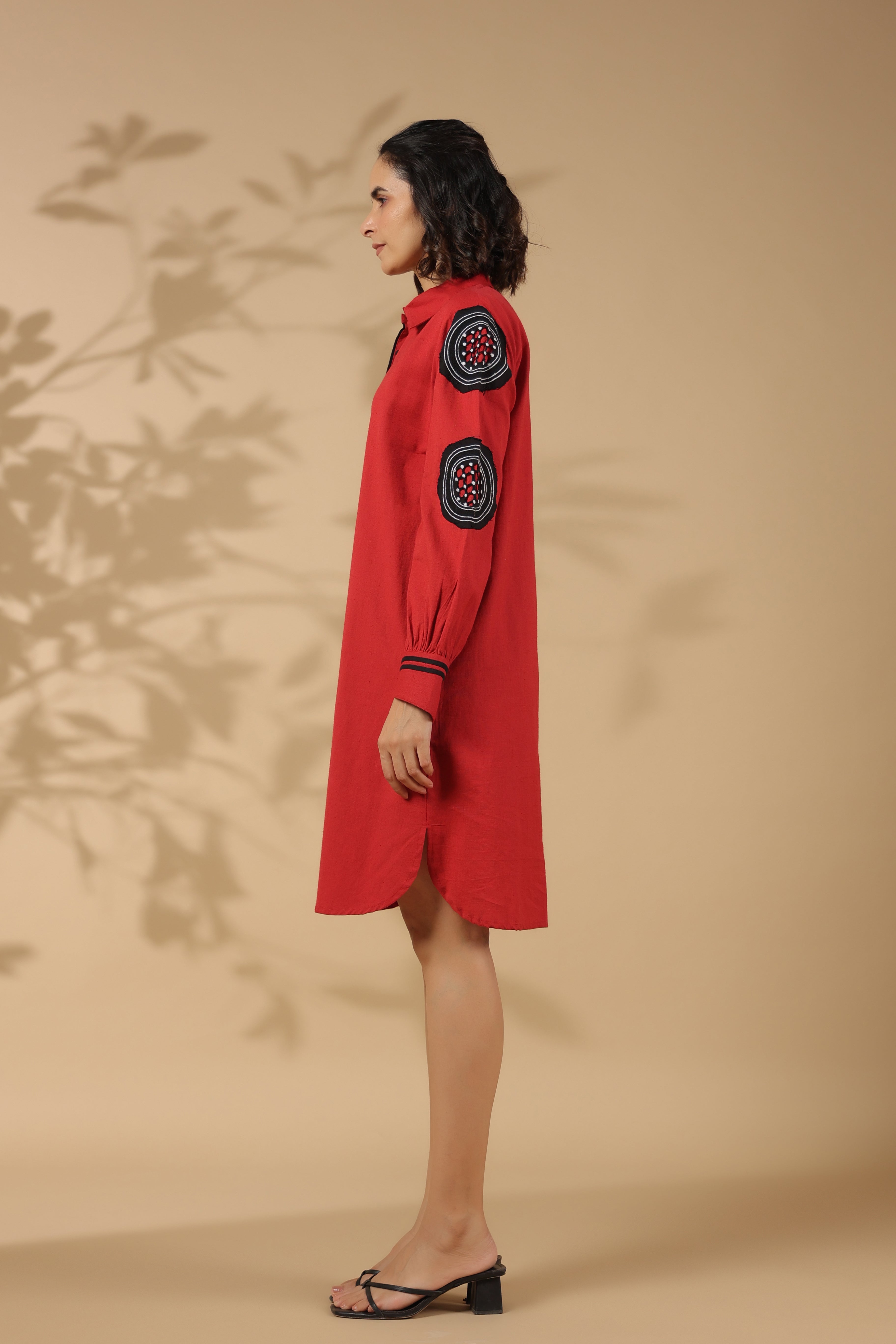 Red Cotton Flex Embroidered Mini Shirt Dress