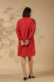 Red Cotton Flex Embroidered Mini Shirt Dress